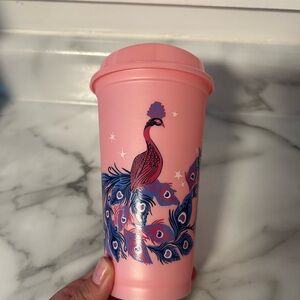 Starbucks Pink Tumbler with Peacock Design